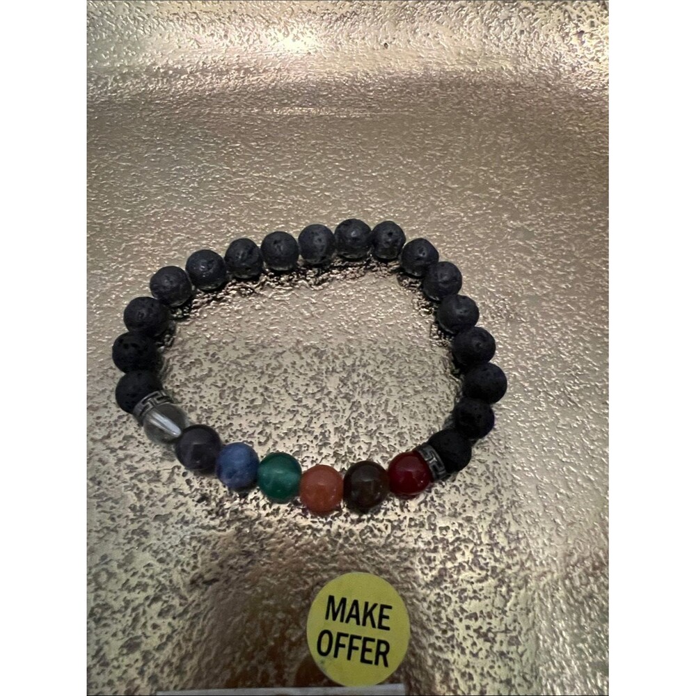 2236*Julie Lee handcrafted Black Lava Bead Bracelet W/Multi-Color Accent Stones